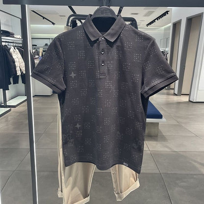 【#A356】Subtle All Over Star Print Collared Polo Short Sleeve, Men Breathable Pique Cotton Business Casual Top