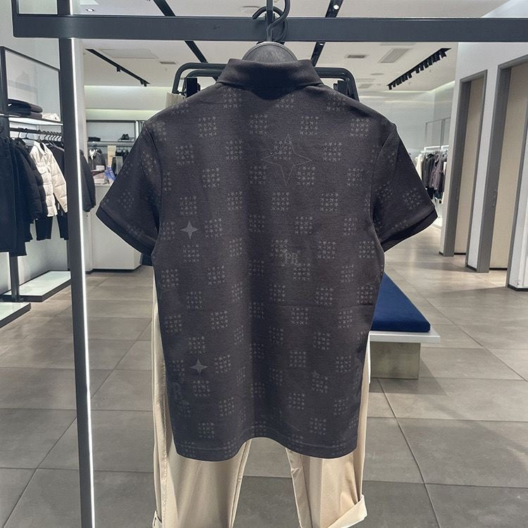 【#A356】Subtle All Over Star Print Collared Polo Short Sleeve, Men Breathable Pique Cotton Business Casual Top