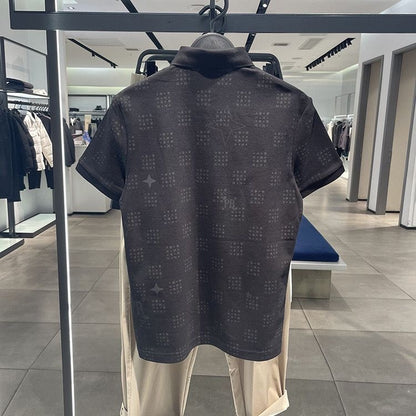 【#A356】Subtle All Over Star Print Collared Polo Short Sleeve, Men Breathable Pique Cotton Business Casual Top