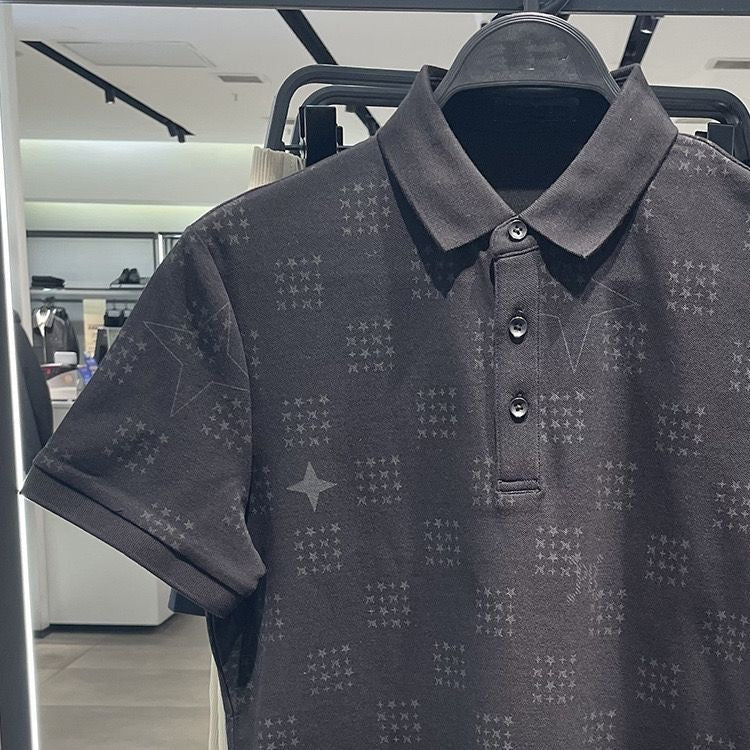 【#A356】Subtle All Over Star Print Collared Polo Short Sleeve, Men Breathable Pique Cotton Business Casual Top