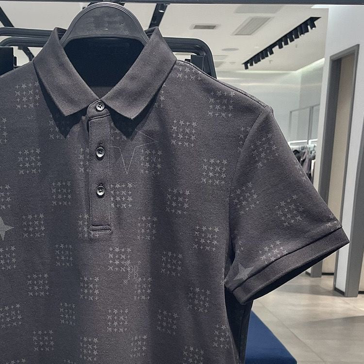 【#A356】Subtle All Over Star Print Collared Polo Short Sleeve, Men Breathable Pique Cotton Business Casual Top