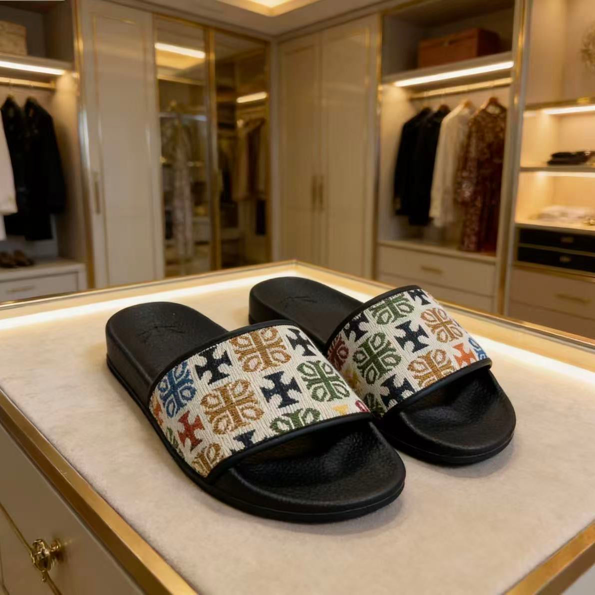 【#A357】Vintage Ethnic Jacquard Slide Sandals, Unisex Anti-Slip Thick Sole Slides For Beach & Home