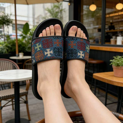【#A357】Vintage Ethnic Jacquard Slide Sandals, Unisex Anti-Slip Thick Sole Slides For Beach & Home