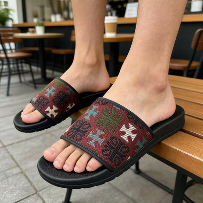 【#A357】Vintage Ethnic Jacquard Slide Sandals, Unisex Anti-Slip Thick Sole Slides For Beach & Home