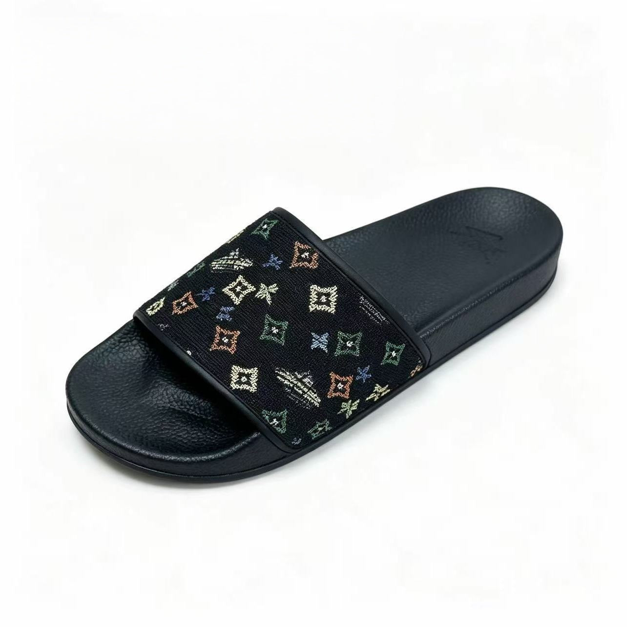【#A358】Vintage Jacquard Bee & Geometric Slide Sandals, Unisex Anti-Slip Thick Sole Slides For Home Beach Casual Wear