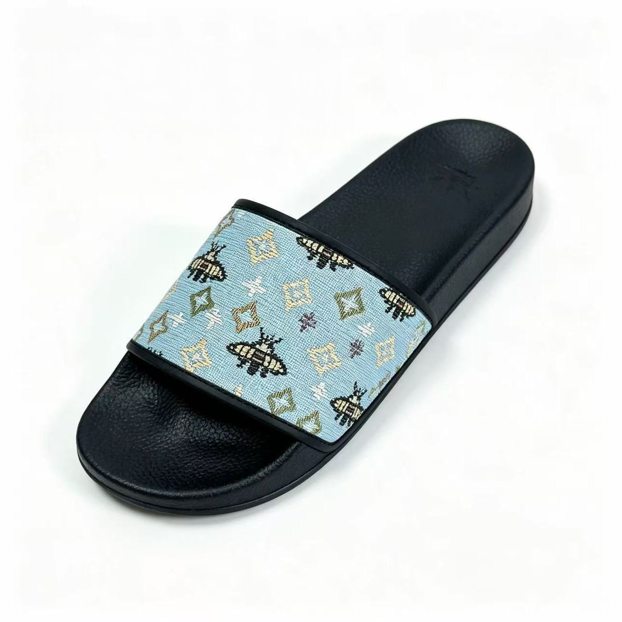 【#A358】Vintage Jacquard Bee & Geometric Slide Sandals, Unisex Anti-Slip Thick Sole Slides For Home Beach Casual Wear