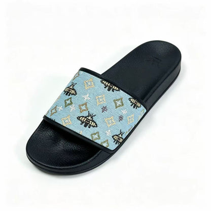 【#A358】Vintage Jacquard Bee & Geometric Slide Sandals, Unisex Anti-Slip Thick Sole Slides For Home Beach Casual Wear