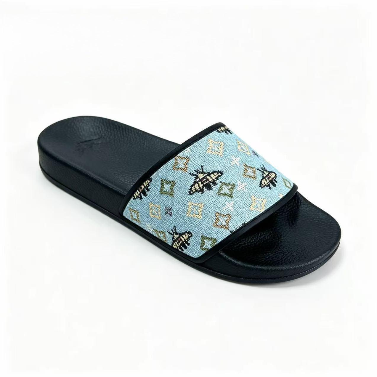 【#A358】Vintage Jacquard Bee & Geometric Slide Sandals, Unisex Anti-Slip Thick Sole Slides For Home Beach Casual Wear