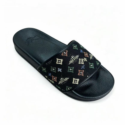 【#A358】Vintage Jacquard Bee & Geometric Slide Sandals, Unisex Anti-Slip Thick Sole Slides For Home Beach Casual Wear