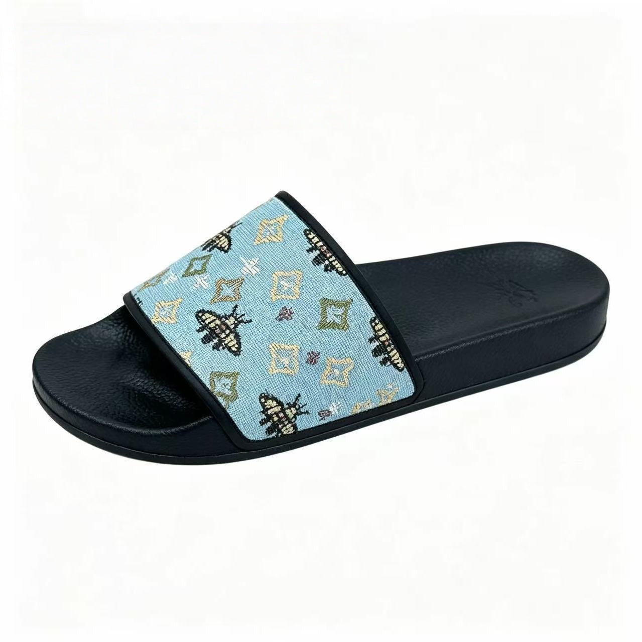 【#A358】Vintage Jacquard Bee & Geometric Slide Sandals, Unisex Anti-Slip Thick Sole Slides For Home Beach Casual Wear