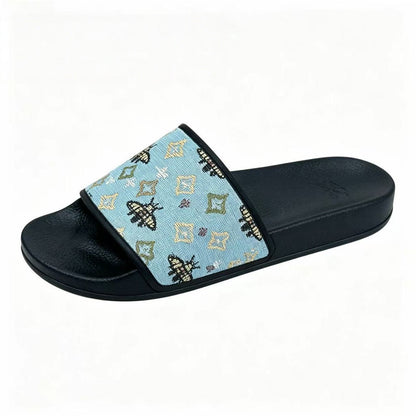 【#A358】Vintage Jacquard Bee & Geometric Slide Sandals, Unisex Anti-Slip Thick Sole Slides For Home Beach Casual Wear