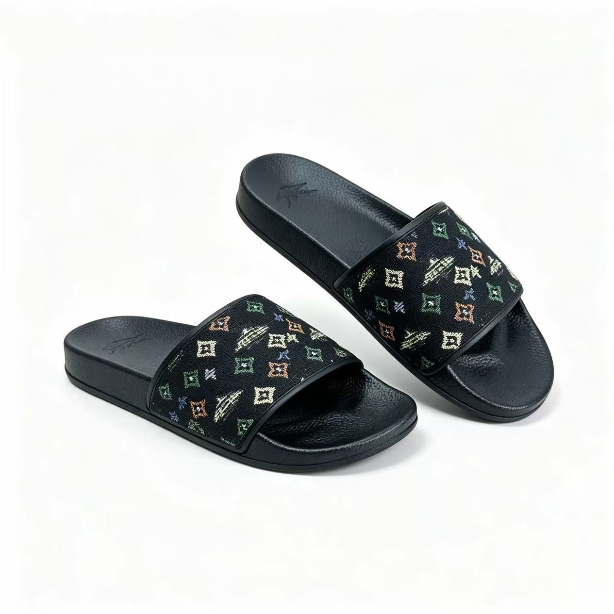 【#A358】Vintage Jacquard Bee & Geometric Slide Sandals, Unisex Anti-Slip Thick Sole Slides For Home Beach Casual Wear