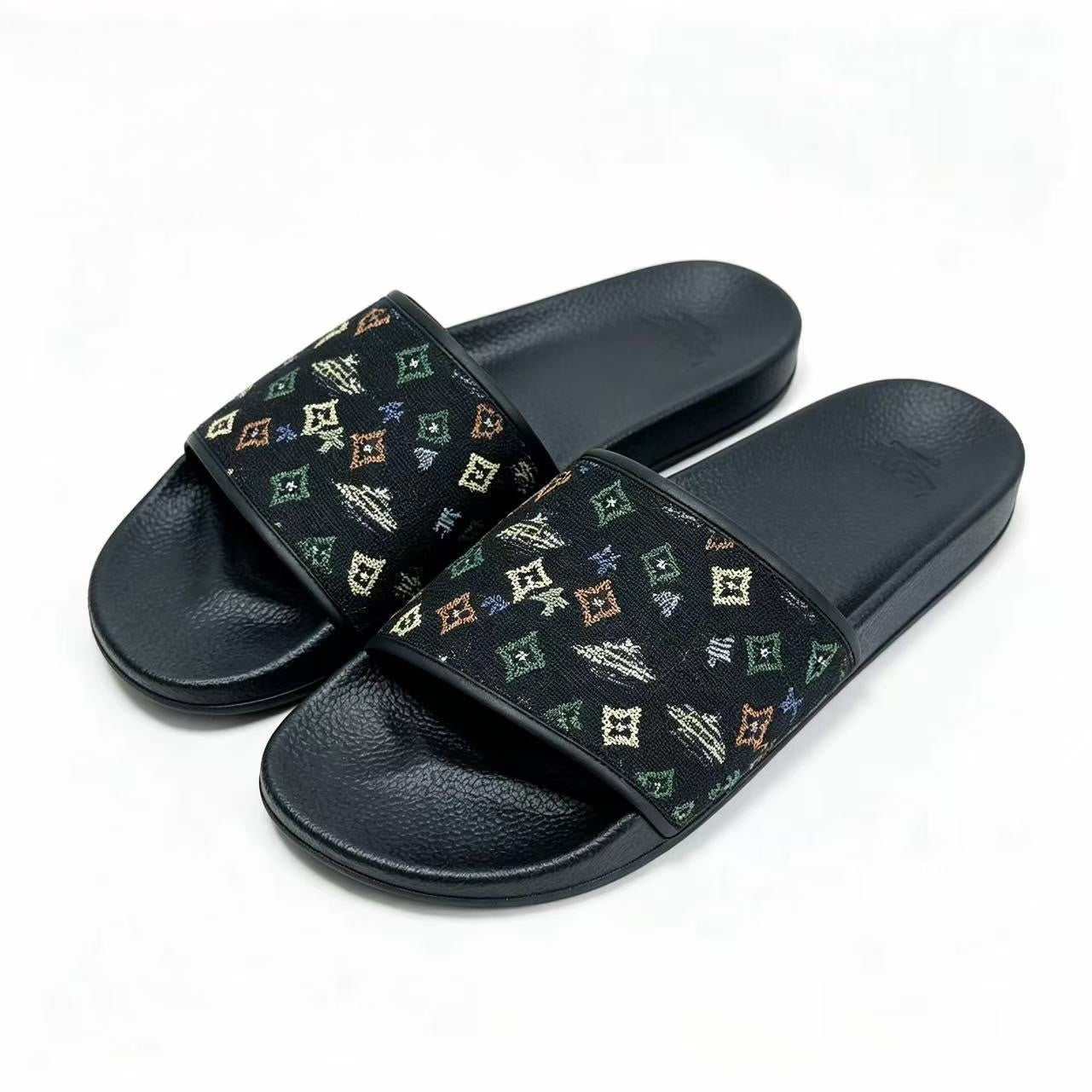 【#A358】Vintage Jacquard Bee & Geometric Slide Sandals, Unisex Anti-Slip Thick Sole Slides For Home Beach Casual Wear