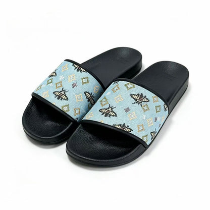 【#A358】Vintage Jacquard Bee & Geometric Slide Sandals, Unisex Anti-Slip Thick Sole Slides For Home Beach Casual Wear