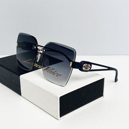 【#A361】Rimless Oversized Gradient Sunglasses, Women Luxury Metal Logo Hollow Temple Outdoor Shades