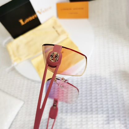 【#A361】Rimless Oversized Gradient Sunglasses, Women Luxury Metal Logo Hollow Temple Outdoor Shades