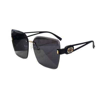 【#A361】Rimless Oversized Gradient Sunglasses, Women Luxury Metal Logo Hollow Temple Outdoor Shades
