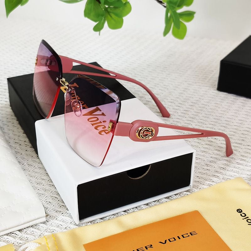 【#A361】Rimless Oversized Gradient Sunglasses, Women Luxury Metal Logo Hollow Temple Outdoor Shades