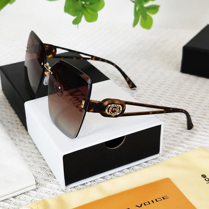 【#A361】Rimless Oversized Gradient Sunglasses, Women Luxury Metal Logo Hollow Temple Outdoor Shades