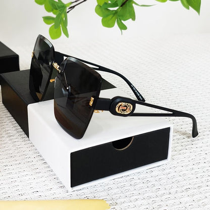 【#A361】Rimless Oversized Gradient Sunglasses, Women Luxury Metal Logo Hollow Temple Outdoor Shades