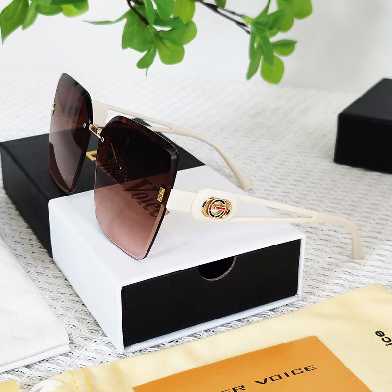 【#A361】Rimless Oversized Gradient Sunglasses, Women Luxury Metal Logo Hollow Temple Outdoor Shades