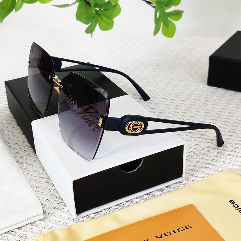 【#A361】Rimless Oversized Gradient Sunglasses, Women Luxury Metal Logo Hollow Temple Outdoor Shades