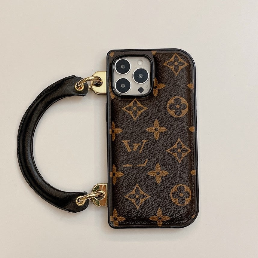 【#A363】Vintage Floral Printed Leather Handheld Phone Case, Full Camera Shockproof Luxury Portable Cover