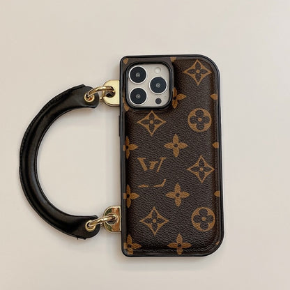 【#A363】Vintage Floral Printed Leather Handheld Phone Case, Full Camera Shockproof Luxury Portable Cover