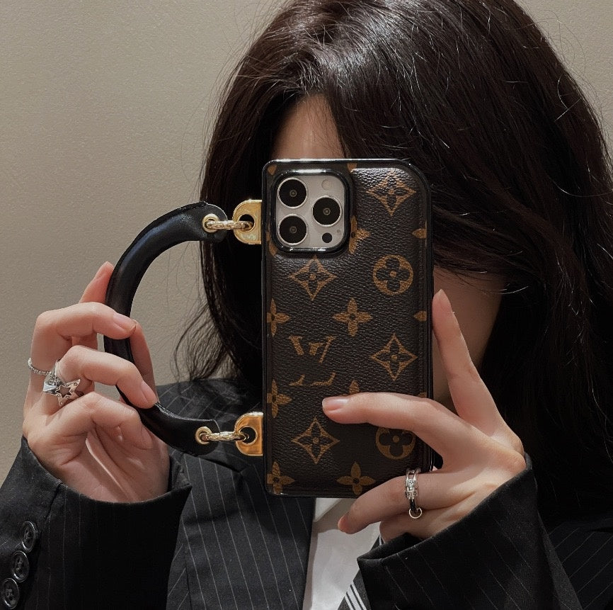 【#A363】Vintage Floral Printed Leather Handheld Phone Case, Full Camera Shockproof Luxury Portable Cover