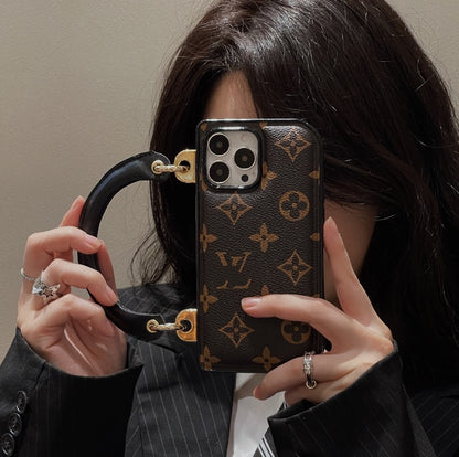 【#A363】Vintage Floral Printed Leather Handheld Phone Case, Full Camera Shockproof Luxury Portable Cover