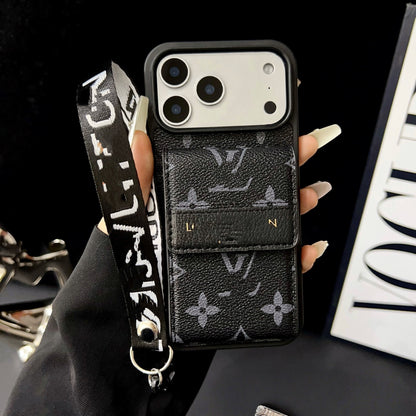 【#A364】Vintage Floral Card Holder Leather Phone Case, Multi Card Slot Lanyard Full Coverage Shockproof Luxury Portable Cover