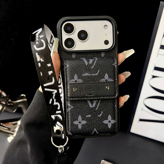 【#A364】Vintage Floral Card Holder Leather Phone Case, Multi Card Slot Lanyard Full Coverage Shockproof Luxury Portable Cover