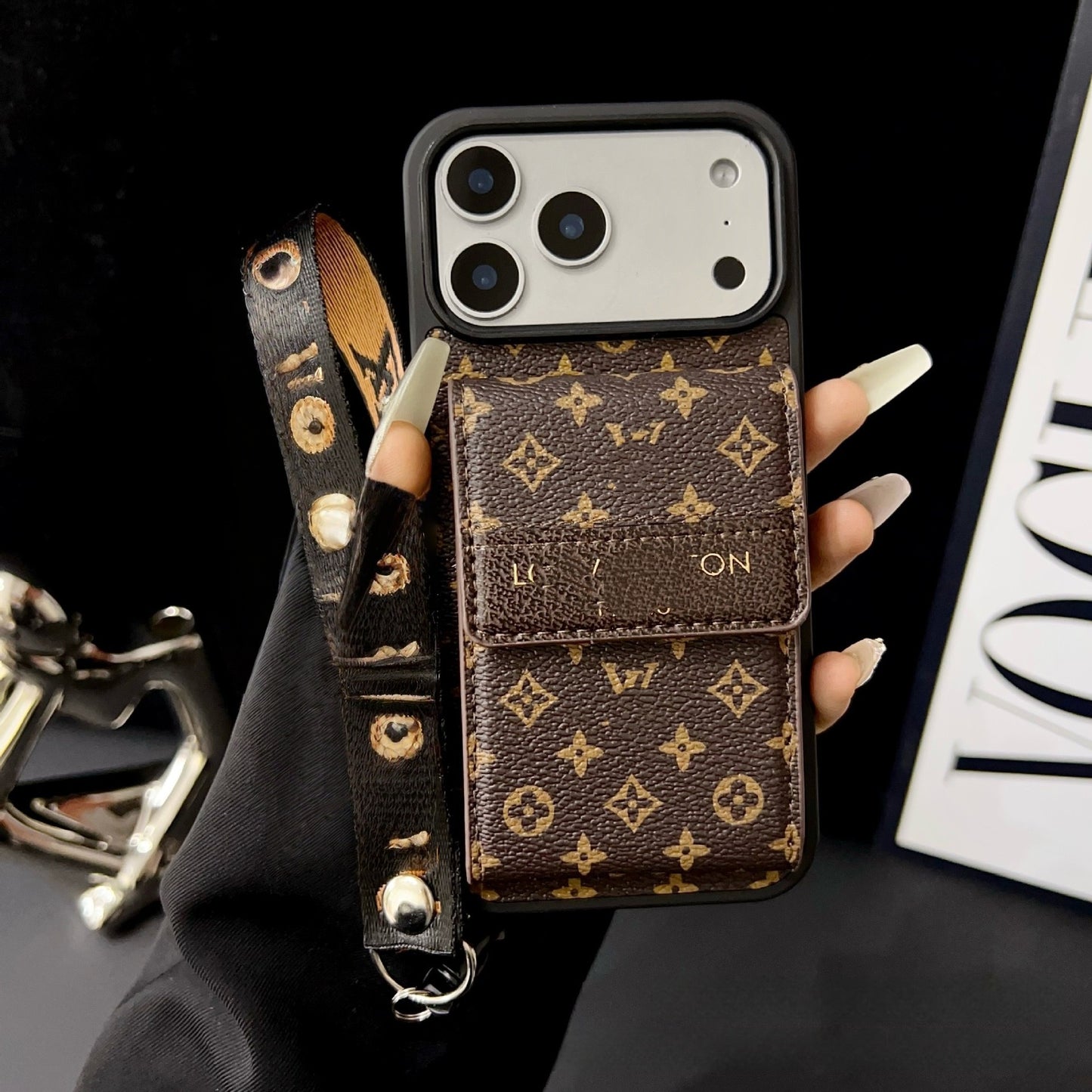 【#A364】Vintage Floral Card Holder Leather Phone Case, Multi Card Slot Lanyard Full Coverage Shockproof Luxury Portable Cover