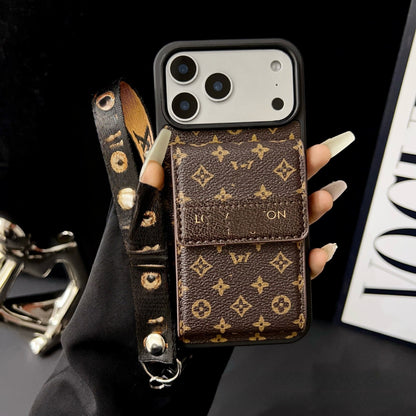 【#A364】Vintage Floral Card Holder Leather Phone Case, Multi Card Slot Lanyard Full Coverage Shockproof Luxury Portable Cover