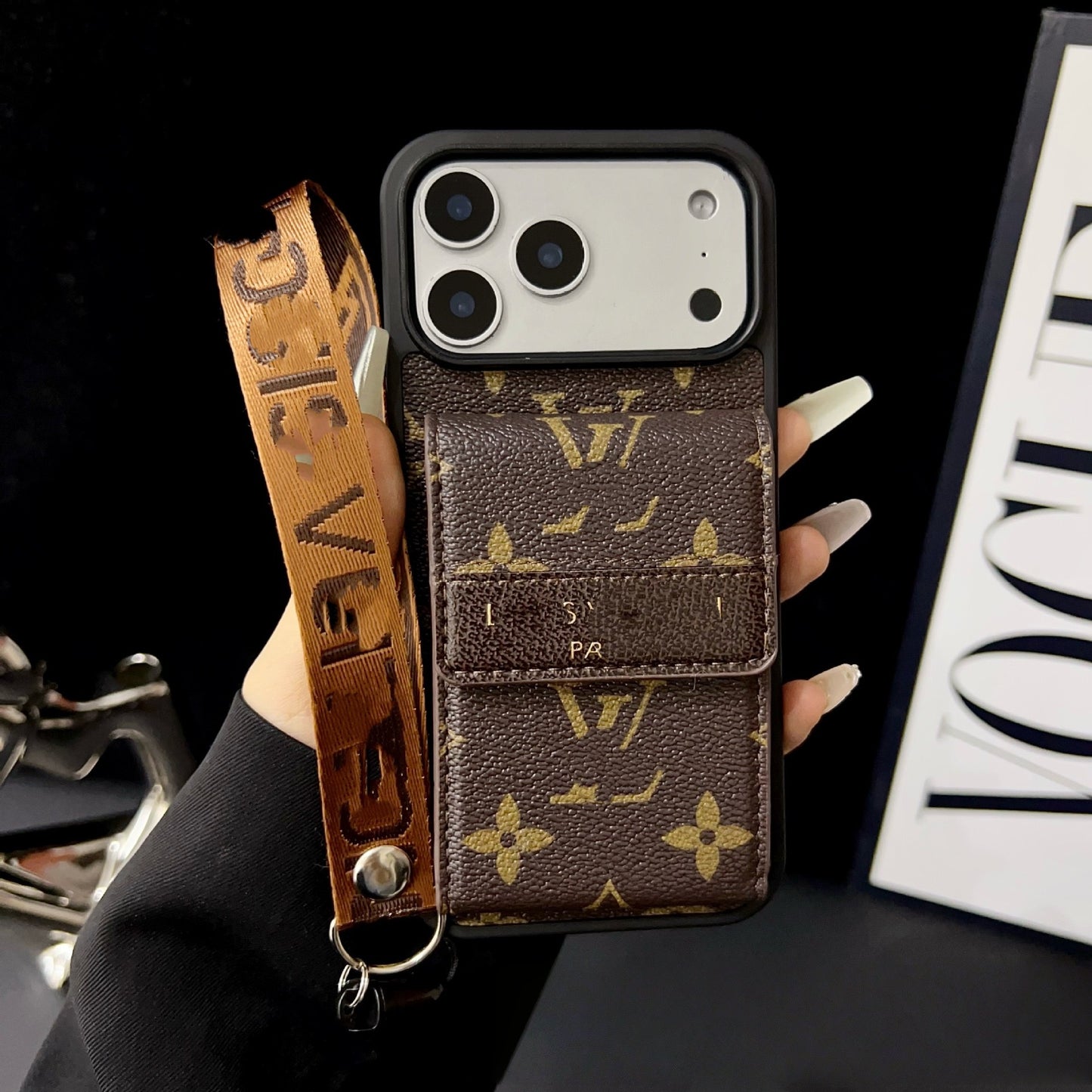 【#A364】Vintage Floral Card Holder Leather Phone Case, Multi Card Slot Lanyard Full Coverage Shockproof Luxury Portable Cover