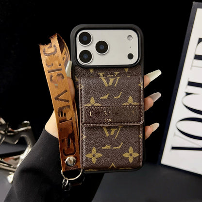 【#A364】Vintage Floral Card Holder Leather Phone Case, Multi Card Slot Lanyard Full Coverage Shockproof Luxury Portable Cover