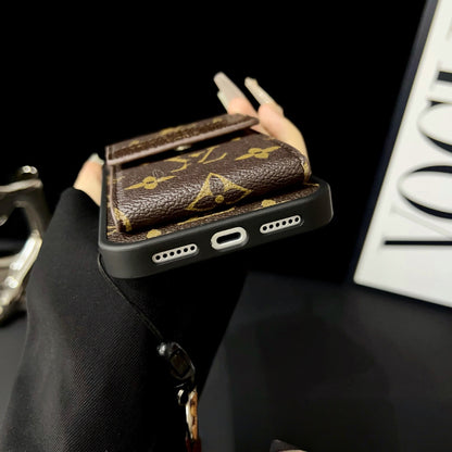 【#A364】Vintage Floral Card Holder Leather Phone Case, Multi Card Slot Lanyard Full Coverage Shockproof Luxury Portable Cover