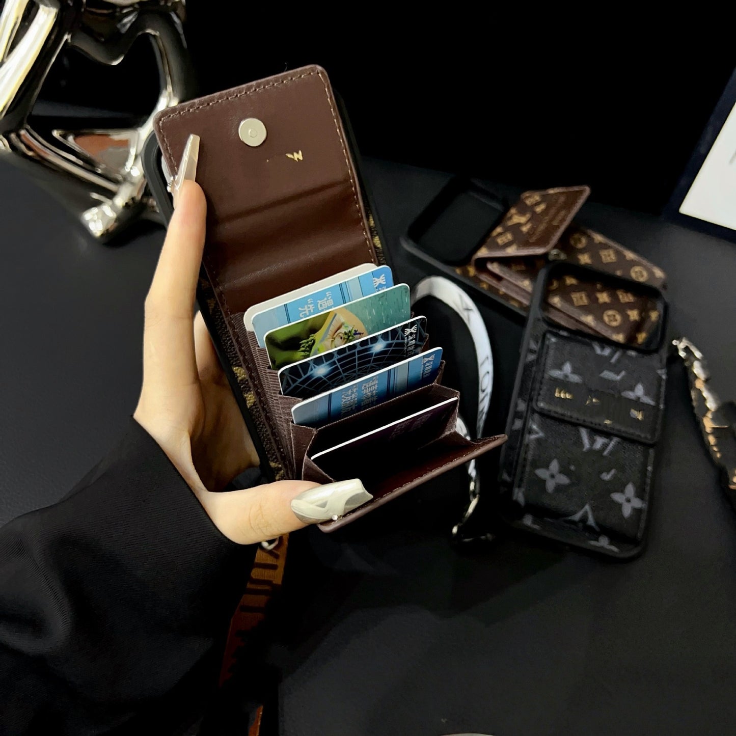 【#A364】Vintage Floral Card Holder Leather Phone Case, Multi Card Slot Lanyard Full Coverage Shockproof Luxury Portable Cover