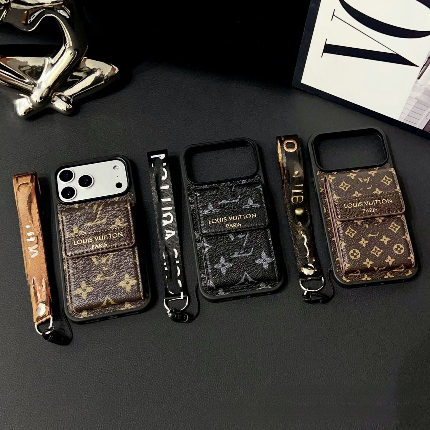 【#A364】Vintage Floral Card Holder Leather Phone Case, Multi Card Slot Lanyard Full Coverage Shockproof Luxury Portable Cover
