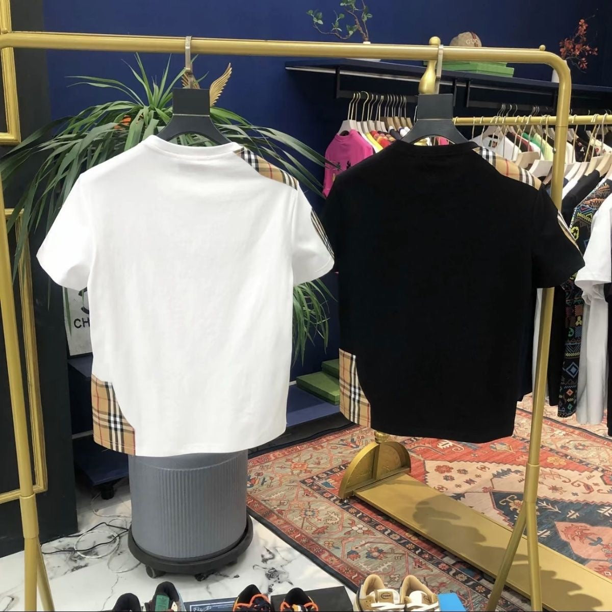 【#A366】Vintage Plaid Splicing Embroidered Short Sleeve T-Shirt, Unisex Loose Breathable Casual Crew Neck Top