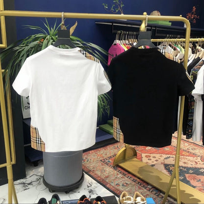 【#A366】Vintage Plaid Splicing Embroidered Short Sleeve T-Shirt, Unisex Loose Breathable Casual Crew Neck Top