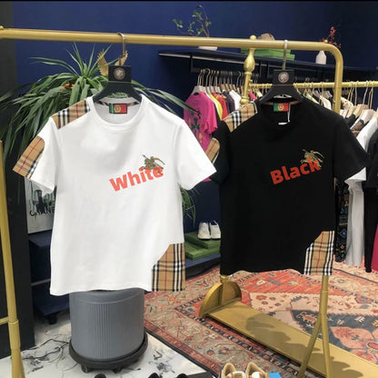 【#A366】Vintage Plaid Splicing Embroidered Short Sleeve T-Shirt, Unisex Loose Breathable Casual Crew Neck Top