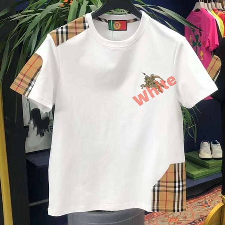 【#A366】Vintage Plaid Splicing Embroidered Short Sleeve T-Shirt, Unisex Loose Breathable Casual Crew Neck Top