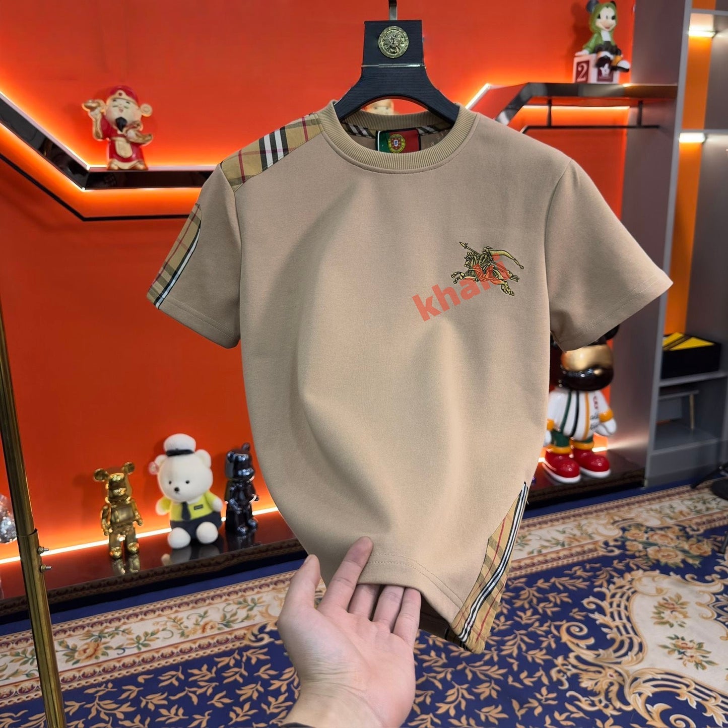 【#A366】Vintage Plaid Splicing Embroidered Short Sleeve T-Shirt, Unisex Loose Breathable Casual Crew Neck Top