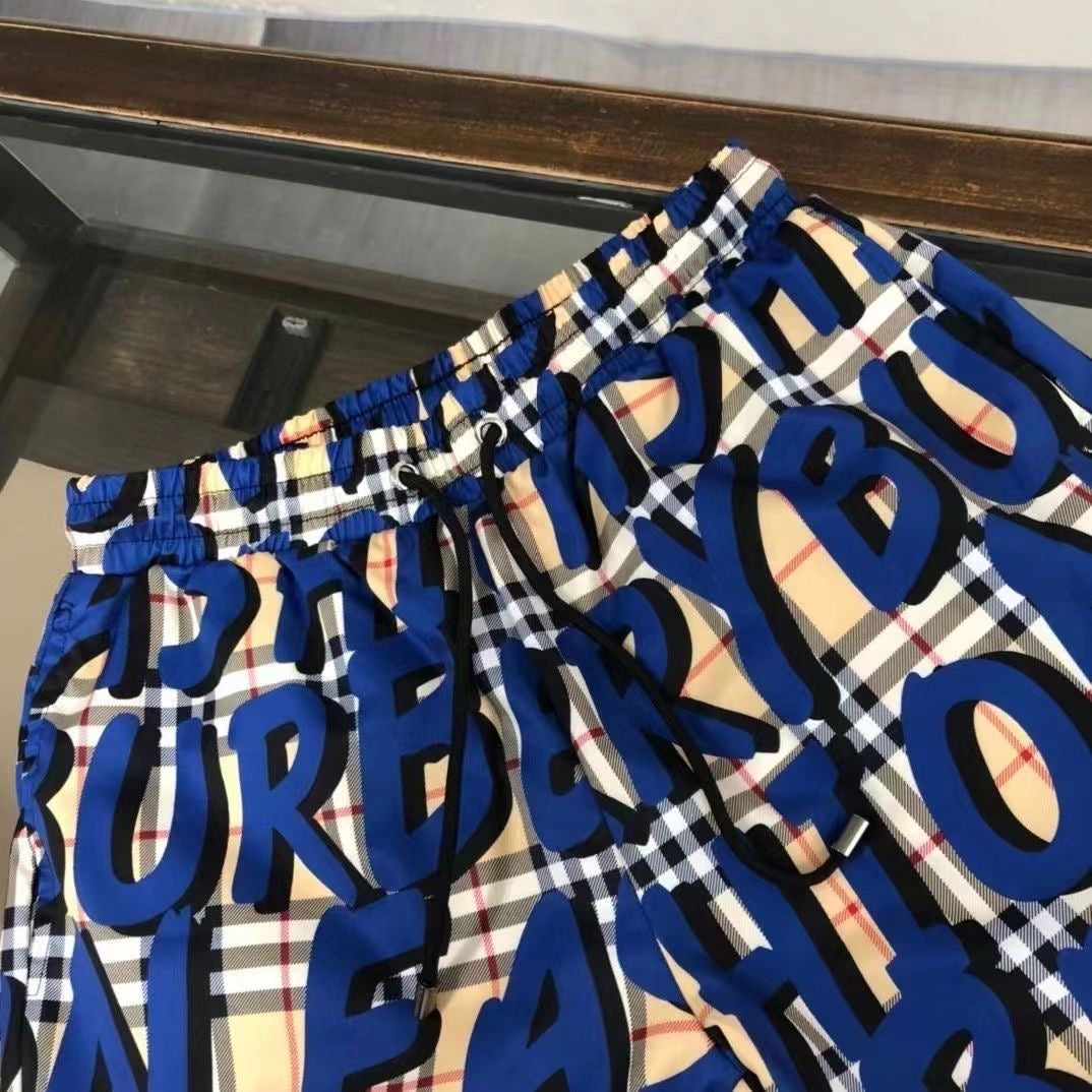 【#A367】Vintage Plaid All Over Letter Print Drawstring Shorts, Unisex Lightweight Quick Dry Beach Casual Pants