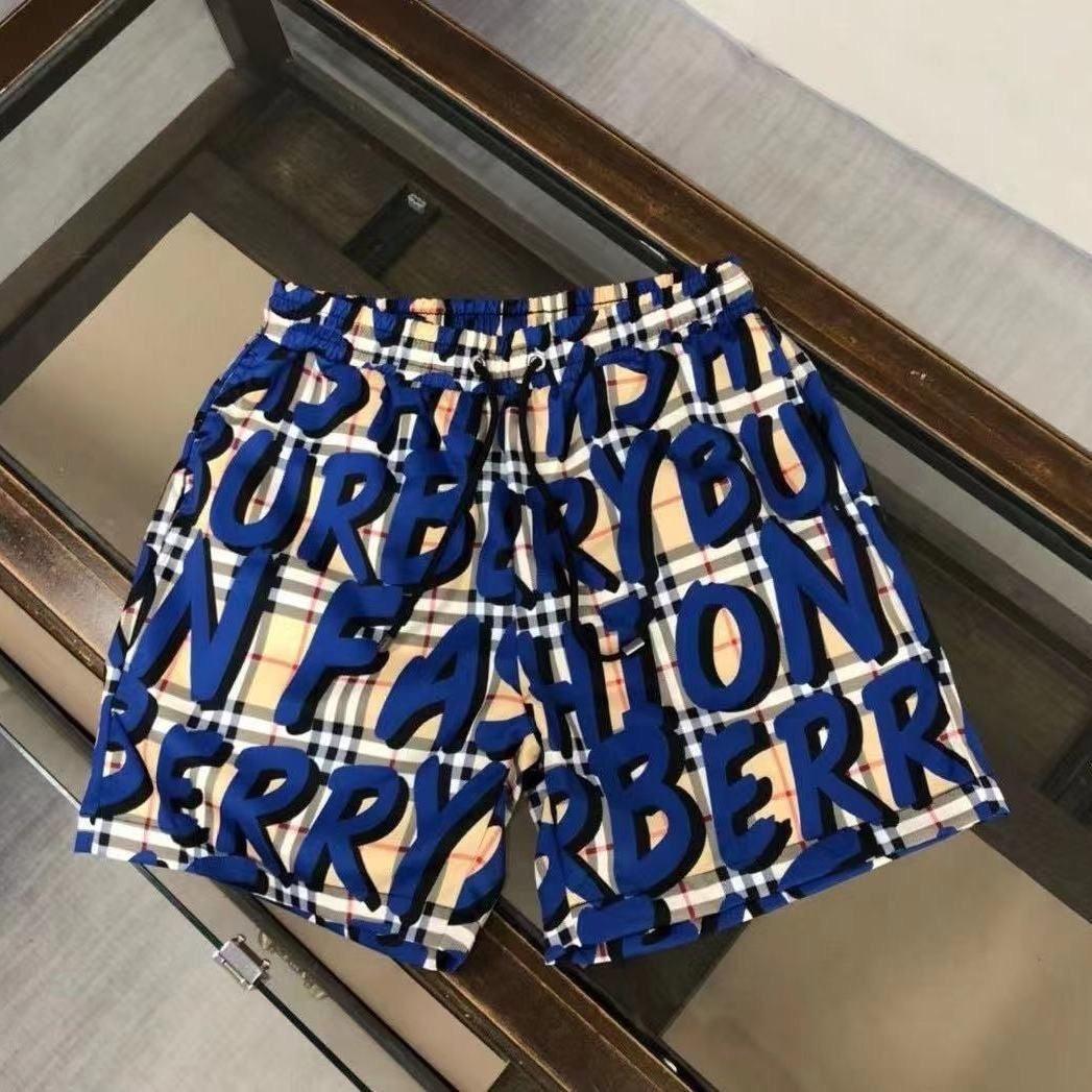 【#A367】Vintage Plaid All Over Letter Print Drawstring Shorts, Unisex Lightweight Quick Dry Beach Casual Pants