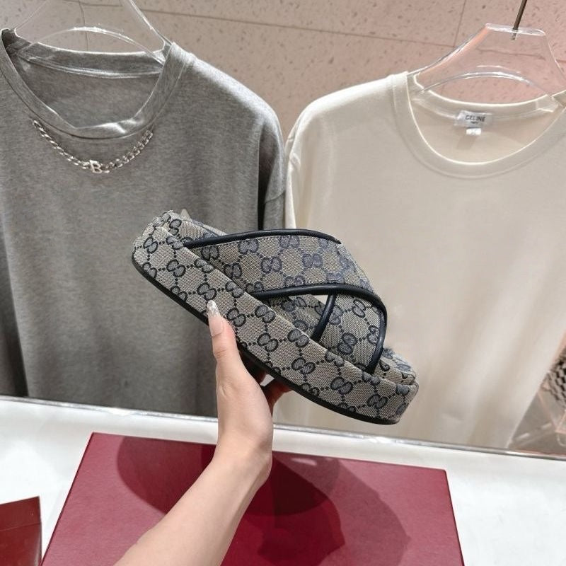 【#A369】Vintage All-Over Rhombus Print Cross Strap Platform Slides, Unisex Elevated Anti-Slip Outdoor Casual Sandals