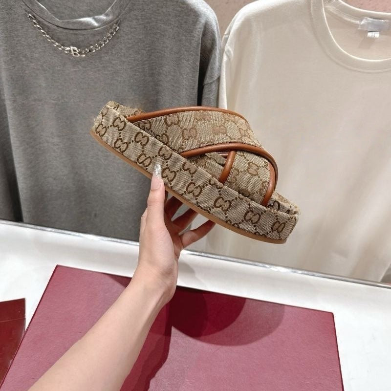 【#A369】Vintage All-Over Rhombus Print Cross Strap Platform Slides, Unisex Elevated Anti-Slip Outdoor Casual Sandals