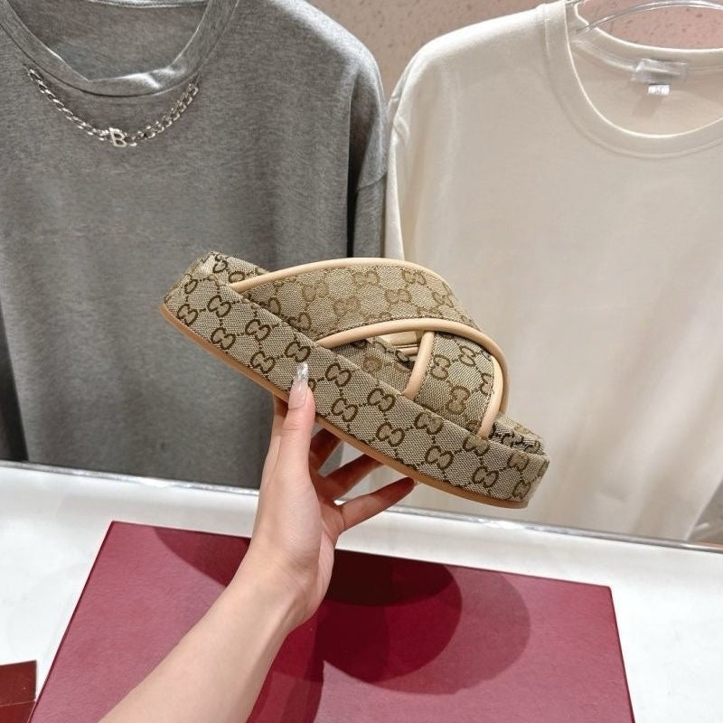 【#A369】Vintage All-Over Rhombus Print Cross Strap Platform Slides, Unisex Elevated Anti-Slip Outdoor Casual Sandals