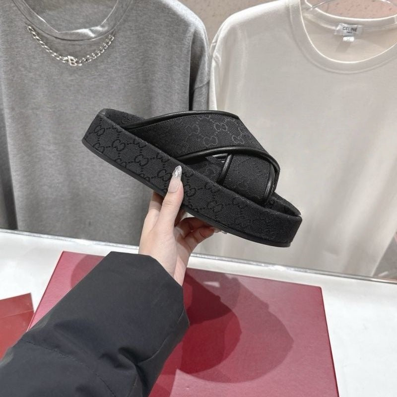 【#A369】Vintage All-Over Rhombus Print Cross Strap Platform Slides, Unisex Elevated Anti-Slip Outdoor Casual Sandals